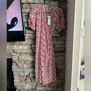 Red floral wrap dress